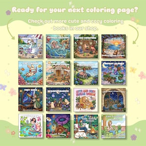 May include: A collection of sixteen square coloring books featuring diverse themes including Animal Cafe, Mythical Creatures, Kawaii Monsters, Mediterranean Escapes, Cozy Friends, Summer Escapes, Coastal Living, Fantasy Islands, Cozy Elves, Spooky Moments, Cute and Cozy Swear Words, Magical Worlds, Cozy Japan, Floral Fantasy, Calm Evening Moments, and Calm Everyday Moments.