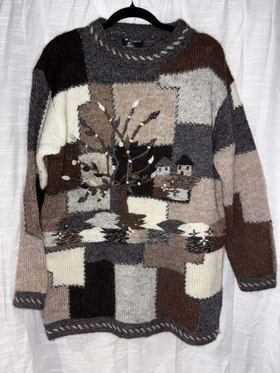 Vintage Sirogojno Style Wool Sweater – Hand-Knit Icelandic Wool – Winter Village Scene – Size M