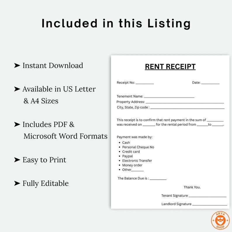 Editable Rent Receipt Template | Landlord Tenant Form (PDF & Word) - Etsy