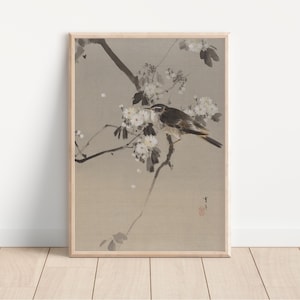 Vintage Printable Japanese Sakura and Bird Print - Vintage Botanical Art - Antique Japanese Cherry Blossom Brush Painting - Flowering Tree