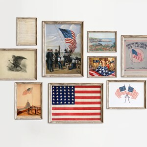 Conjunto de impressão de parede da galeria vintage 4 de julho | Conjunto de impressão de NOVE | Impressões de arte de parede do Dia da Independência | Conjunto de pacotes de decoração de quatro de julho | Digital