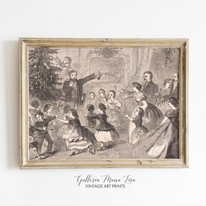 Decorating the Christmas Tree Antique Sketch | Holiday Wall Art Printable | Vintage Christmas Eve | Neutral Christmas Digital Download Print