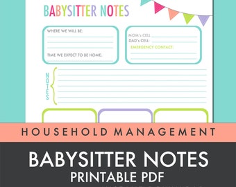 Babysitter Notes - Printable PDF - INSTANT DOWNLOAD