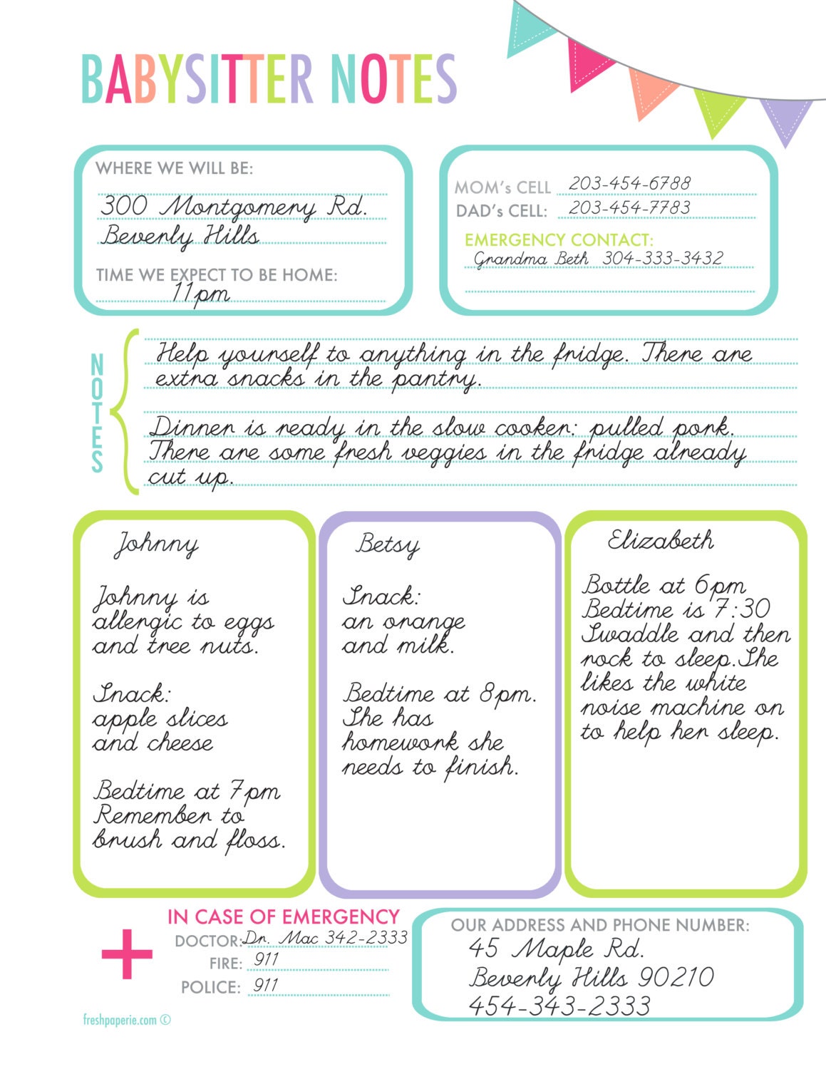 Babysitter Notes Printable PDF INSTANT DOWNLOAD - Etsy
