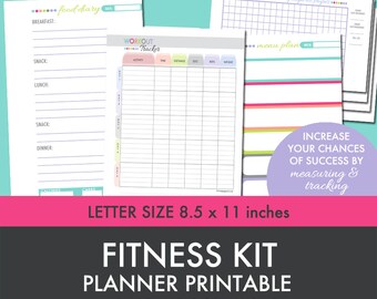 Fitness Planner - Weight Loss - Food Diary - Menu Planner - Workout Log - Printables Kit - Letter Size 8.5 x 11 inches