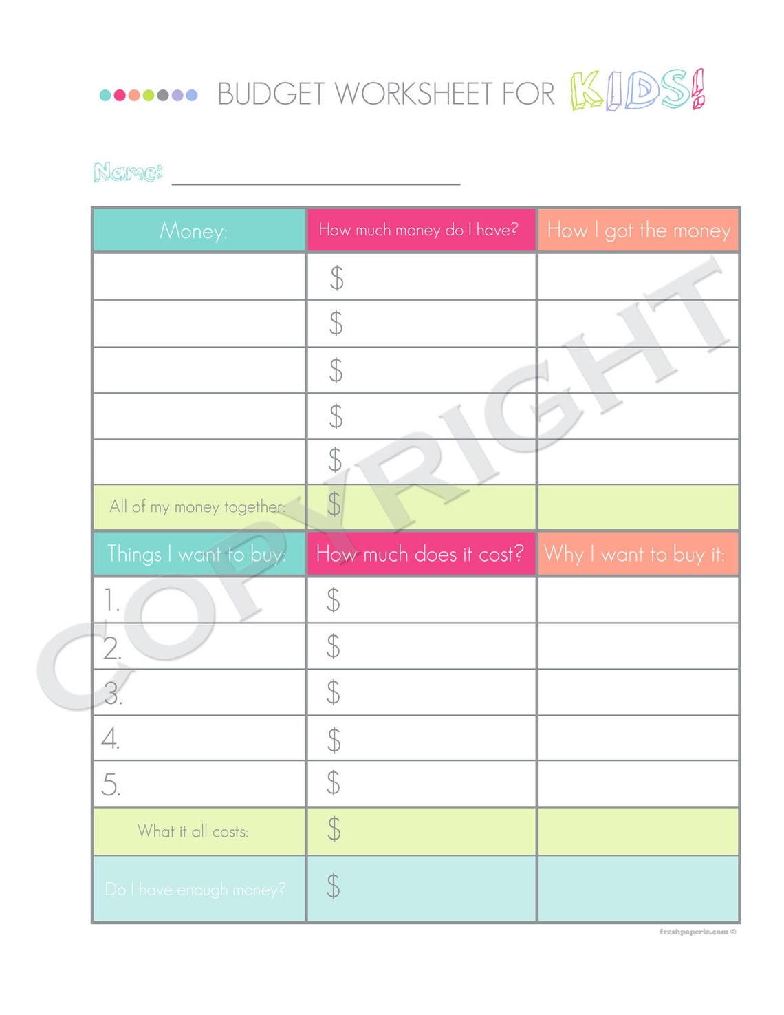 Kids Budget Worksheet Printable PDF Personal Finance Worksheet INSTANT ...