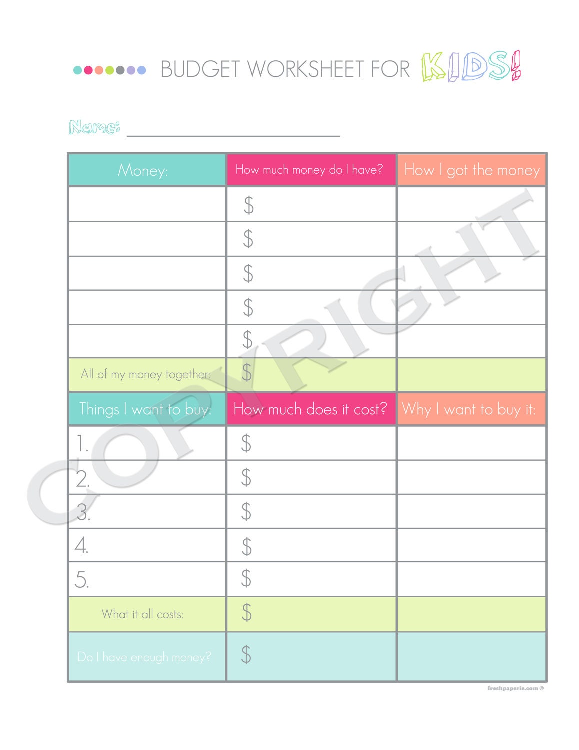 Kids Budget Worksheet Printable PDF Personal Finance Worksheet INSTANT ...