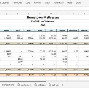 May include: A spreadsheet displaying a profit and loss statement for Hometown Mattresses in 2025. The document is organized with income, expenses, and net profit figures across twelve months, from January to December, and a year-to-date column. The data is presented in a grid format.