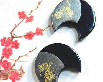 Pair of Japanese Moon Chopstick Rests - Black, Silver & Gold