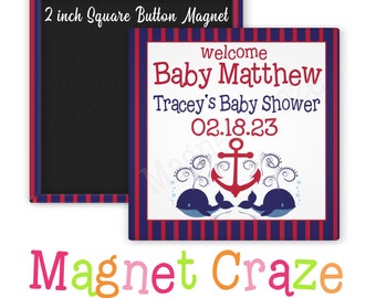 Custom 2 Inch Square Magnets - Nautical - Whale - Baby Showers - Personalized