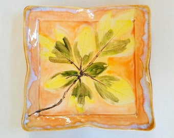 Imprinted Fall Leaves Tile, Picture Plate, Raised Design Tray, Ready to Hang