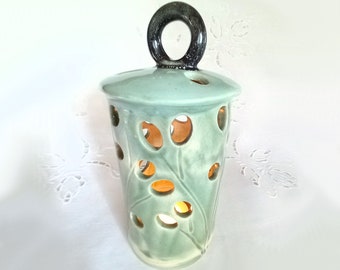 Candle Cover, Pierced Candle Holder in Green, Cut Out Leaf Design