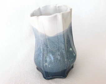 Sculptural Blue & White Pottery Vase or Utensil Holder