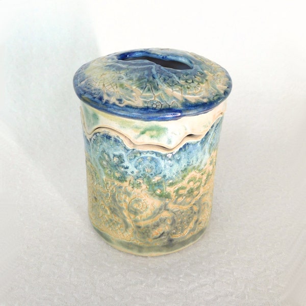 Change Bank, Lace Textured Pottery Box in Cobalt Blues and Golden Greens