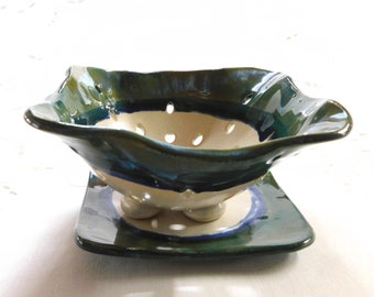 Squared Berry Bowl or Pottery Colander with Drip Plate in Emerald Green and White