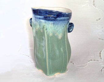 Sculptural Green & Blue Pottery Vase or Utensil Holder