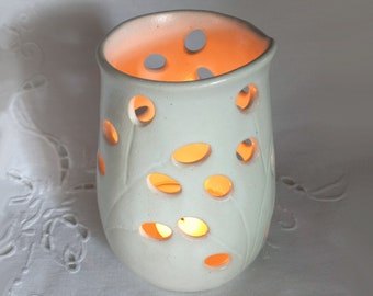 White Candle Cover, Pierced Candle Holder with Cut Out Leaf Design