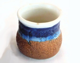 Rustic Tumbler Mini-Mug, Blue & Burnt Orange, Hand-built with Lace Texture