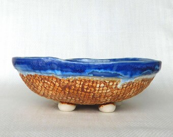 Hand-built Serving Bowl,  in Textured Terracotta and White with Blue Rim