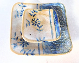 Flow Blue & Cream, Handmade Pottery Ring Dish, Teabag Holder, Spoon Rests or Saucer
