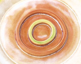Off Center Round Soap Dish in Coral, Cream and Chartreuse