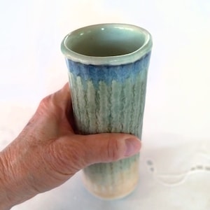 Cylindrical Pottery Vase, Striped Texture in Variegated Greens and Sand with a Flow Blue Rim