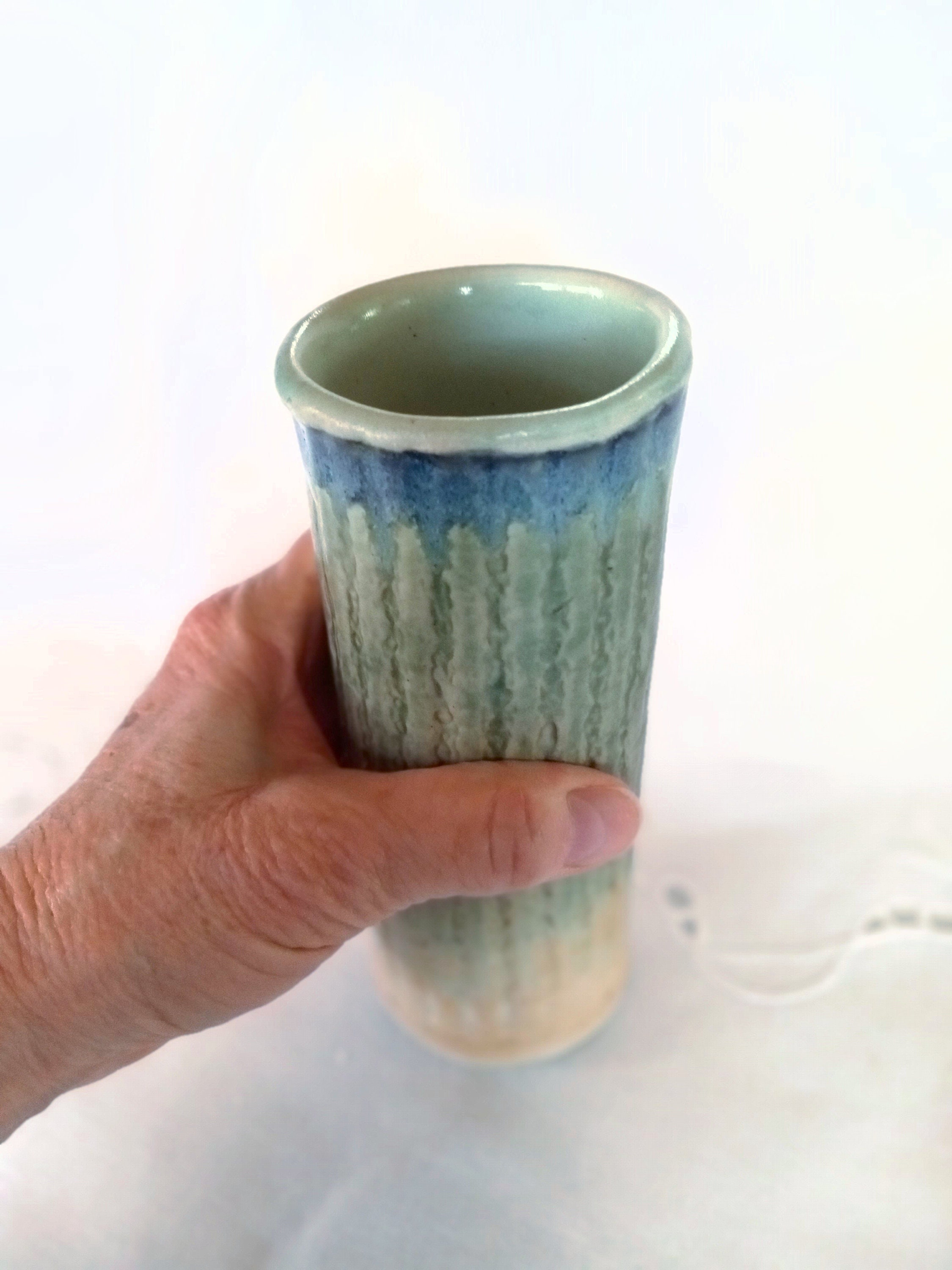 Cylindrical Rimmed Vase Cylindrical Pottery Vase, Striped Texture in Variegated Greens and Sand ...