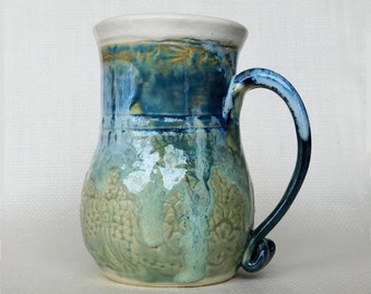 Pottery Coffee Mug, Tea Cup, 21 oz, Lace Texture Mug in Flowing Blue and Green with Full Grip Handle in Hand Thrown Stoneware