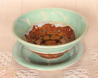 Pottery Colander or Berry Bowl with Drip Plate in Celadon Green and Burnt Orange