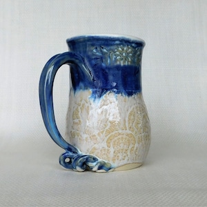 Pottery Coffee Mug or Ice Tea Cup in Hand Thrown Stoneware , 20 oz, Lace Texture in Cobalt Blue and Cream White with Full Grip Handle
