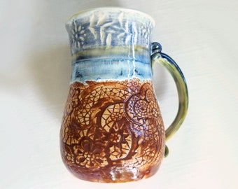 Hand Thrown Stoneware Pottery Coffee Mug, Tea Cup, 23 oz, Lace Texture Mug in Gray Blue and Light Green with Large Handle