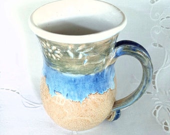 Hand Thrown Stoneware Pottery Coffee Mug, Tea Cup, 21 oz, Lace Texture Mug in Flow Blue and Gold Green with Full Grip Handle