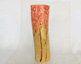 Tall Cylinder Vase in Golden Coral with Hand Carved Pierced Porcelain, Wedding Decor