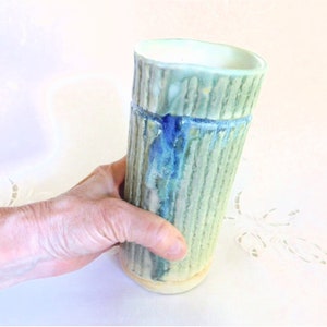 Cylindrical Pottery Vase, Striped Texture in Variegated Greens and Blues