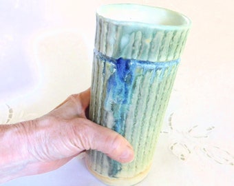 Cylindrical Pottery Vase, Striped Texture in Variegated Greens and Blues