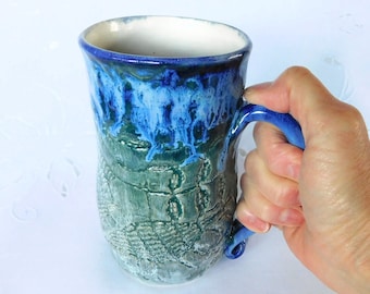 Hand Thrown Stoneware Pottery Coffee Mug, Tea Cup, 23 oz, Lace Texture Mug in Ice Blue Cobalt, Evergreen and Snow with Large Handle