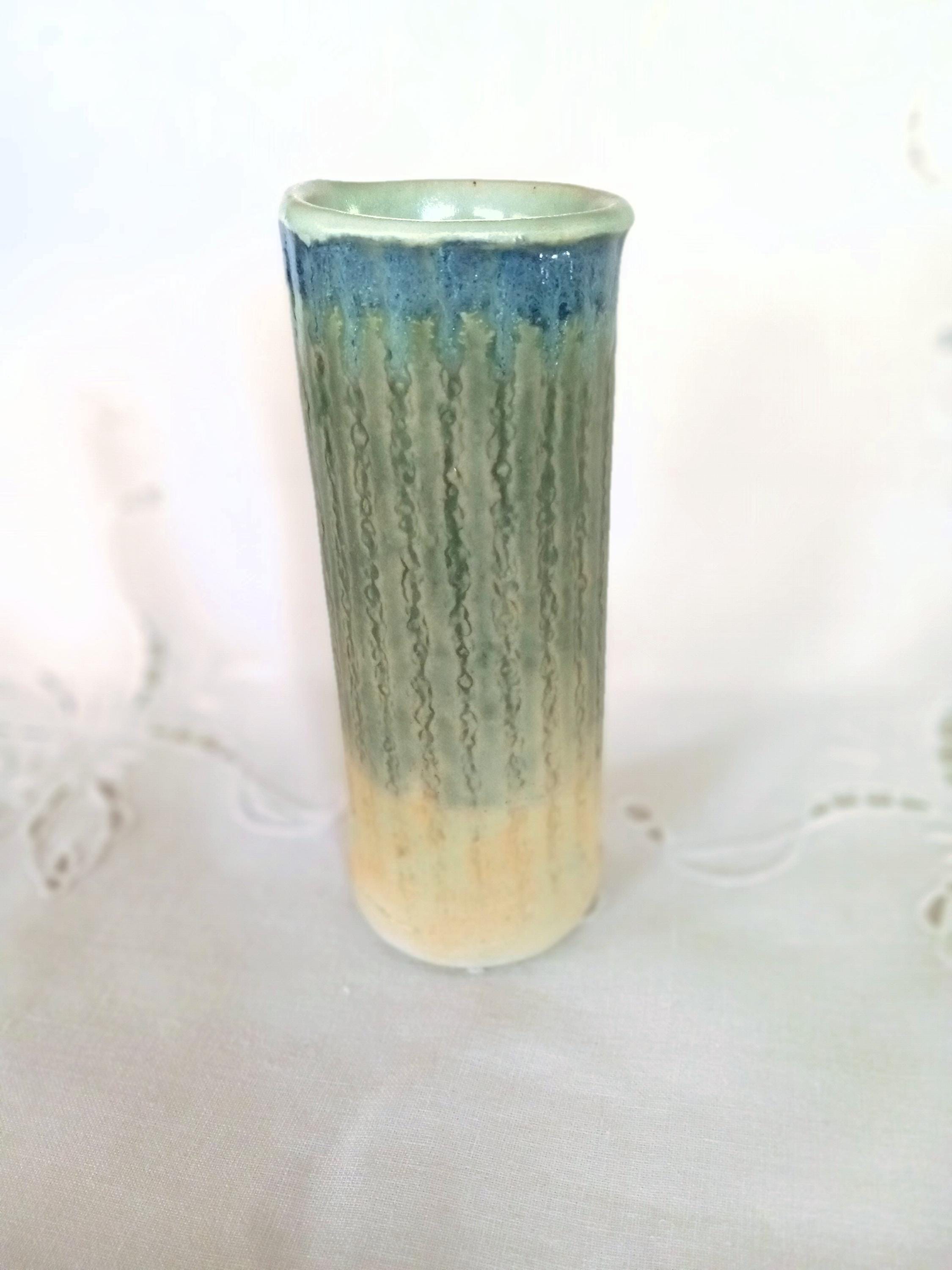 Cylindrical Rimmed Vase Cylindrical Pottery Vase, Striped Texture in Variegated Greens and Sand ...