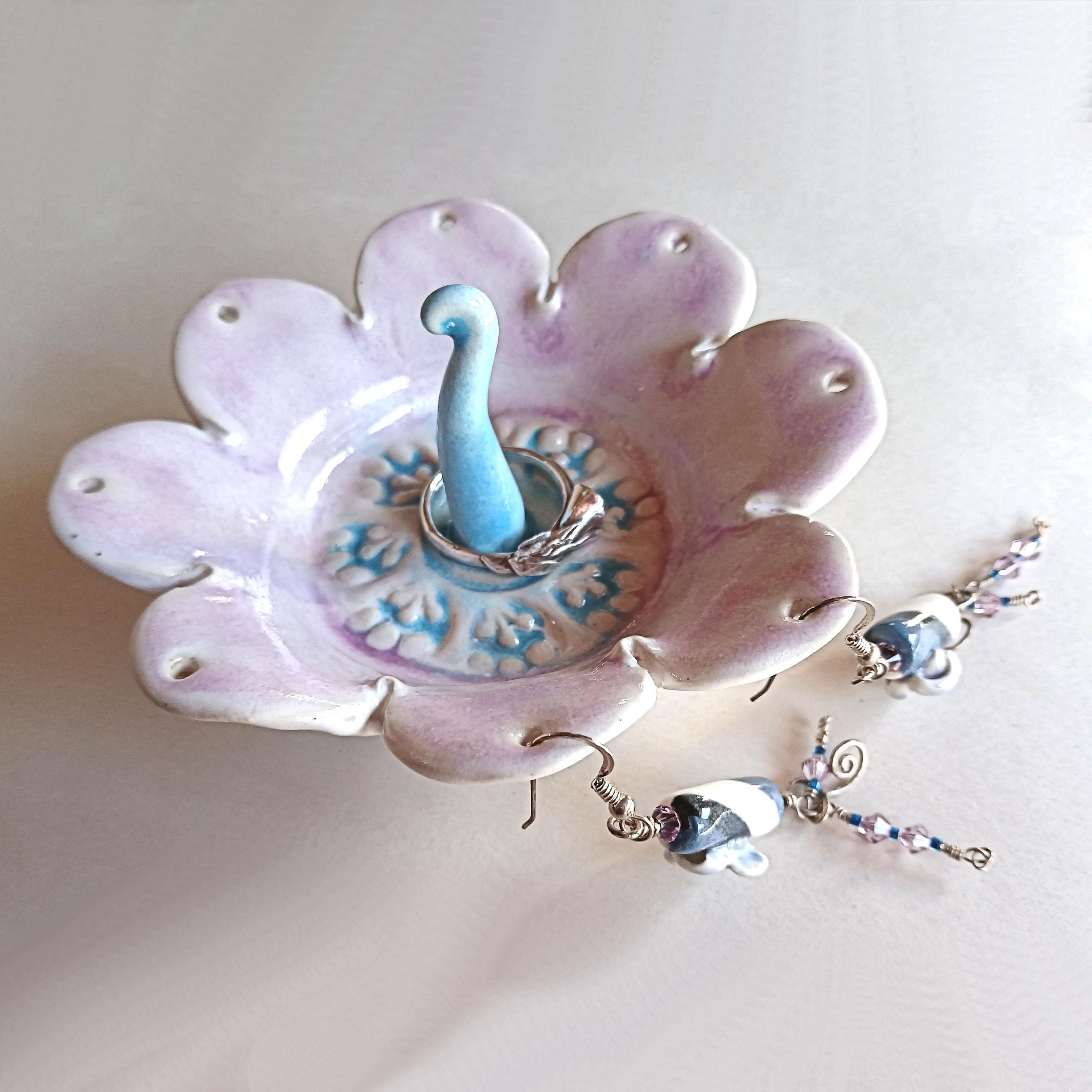 Flower Ring Dish and Jewelry Organizer in Orchid, Aqua and White