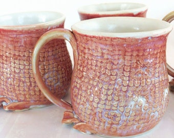 Hand Thrown Stoneware Pottery Coffee Mug in Antique Red, Lace Texture, 16 oz, full grip handle