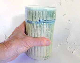 Pottery Second Pint Glass, Tumbler or Vase in a Stripe Textured Sandy Green, Holds 16 oz