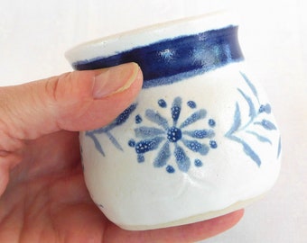 Tumbler Mug, Blue & White, Hand-built with Floral Lace Texture