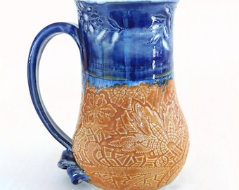 Pottery Coffee Mug in Deep Cobalt Blue and  Burnt Orange, Holds 12 oz.