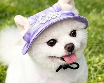 Custom Name Bucket Hat for Dog, Custom Summer Pet Hat, Adjustable Doggy Sun Cap with Chin Strap, Embroidered Name Pet Hat, Dog Lovers Gift