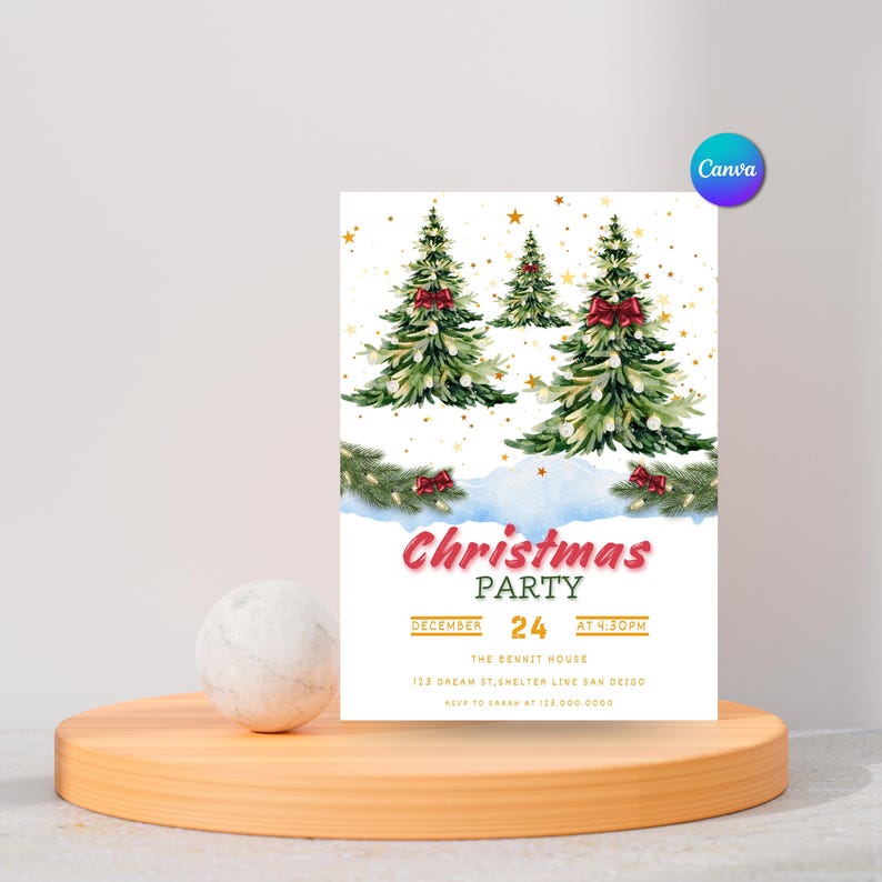 May include: A Christmas party invitation featuring watercolor illustrations of Christmas trees with red bows and gold stars. The invitation includes the text "Christmas Party" and event details.