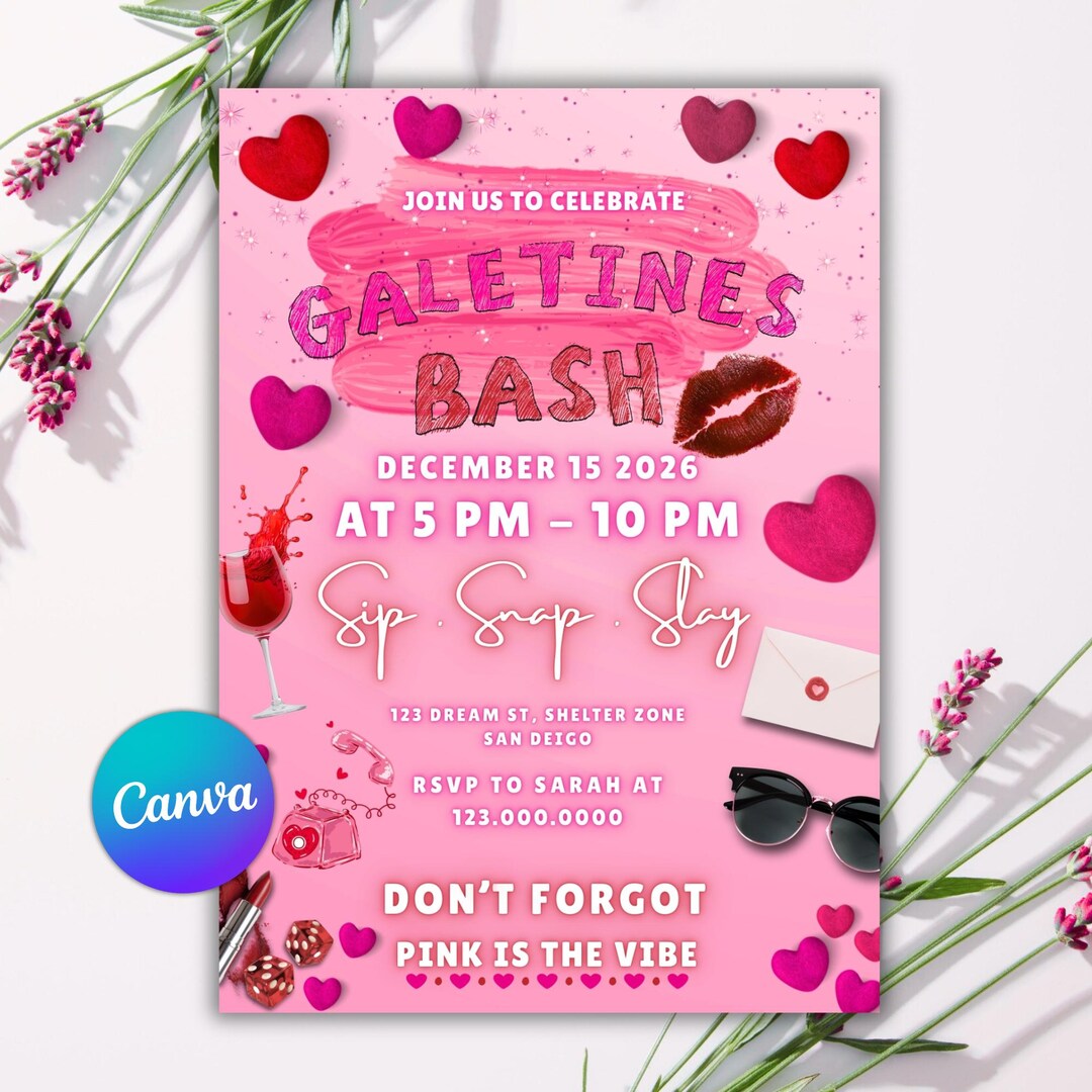 Editable Galentine's Bash Invitation, Pink Girls Party (digital ...