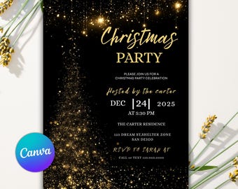 Black and Gold Christmas Party Invitation, Elegant Canva Template (Digital Download)