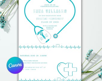 Bearbeitbare Krankenschwester Graduierung Einladung Vorlage, RN-Ankündigung (Digitaler Download