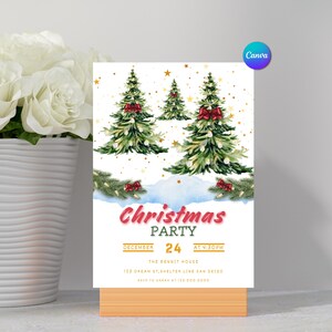 May include: A Christmas party invitation featuring watercolor Christmas trees with red bows and gold stars. The invitation includes the text "Christmas Party" and the date, December 24th, at 4:30 PM. The Canva logo is in the upper right corner.