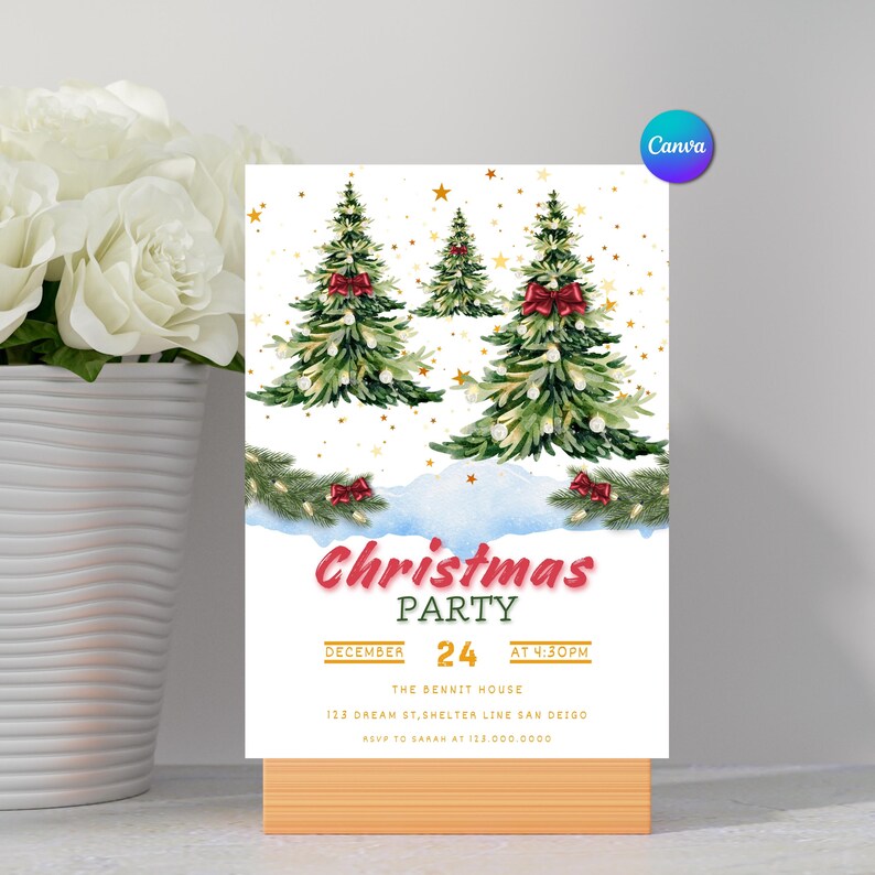 May include: A Christmas party invitation featuring watercolor Christmas trees with red bows and gold stars. The invitation includes the text "Christmas Party" and the date, December 24th, at 4:30 PM. The Canva logo is in the upper right corner.