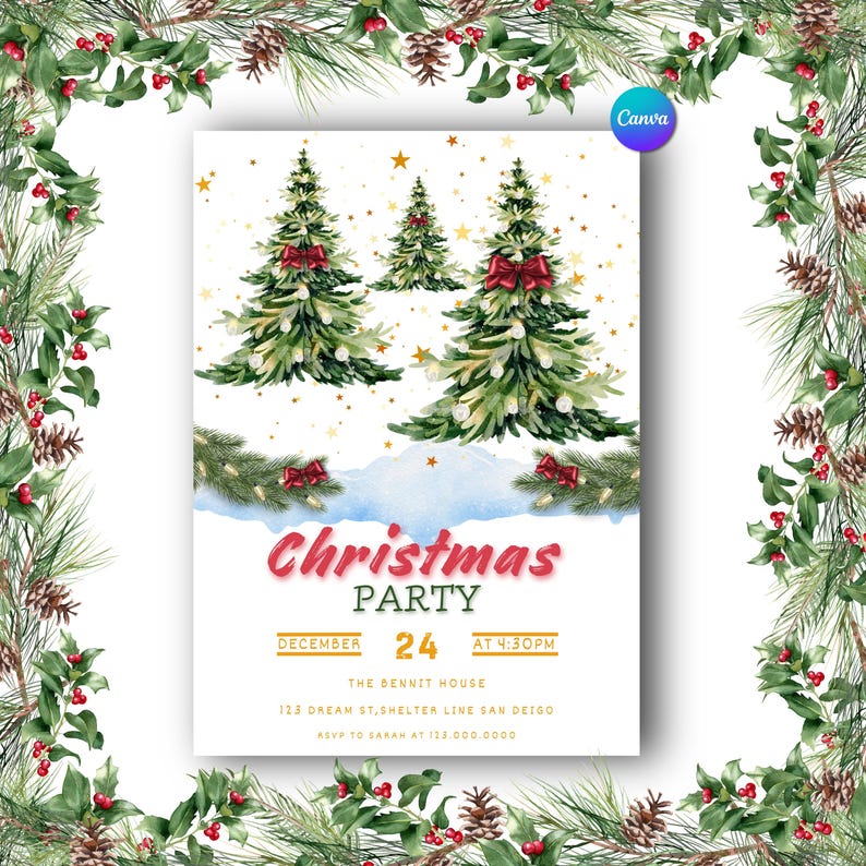 May include: A Christmas party invitation with watercolor illustrations of evergreen trees adorned with red bows and gold stars. The text "Christmas Party" is in red script, with event details below. The invitation is framed with a border of holly and pine.